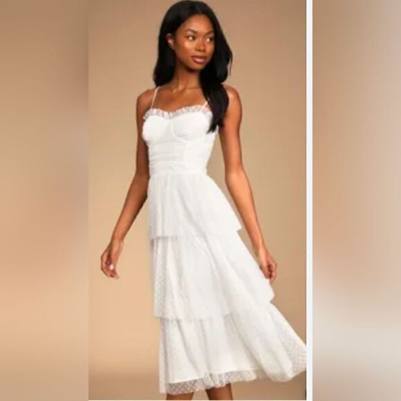 Sweetheart Style White Polka Dot Bustier Tiered Midi Dress - Picture 1 of 4